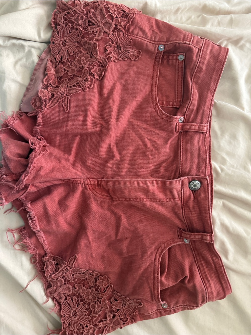 American Eagle Outfitters Dusty Rose Crochet-Trim Denim Shorts